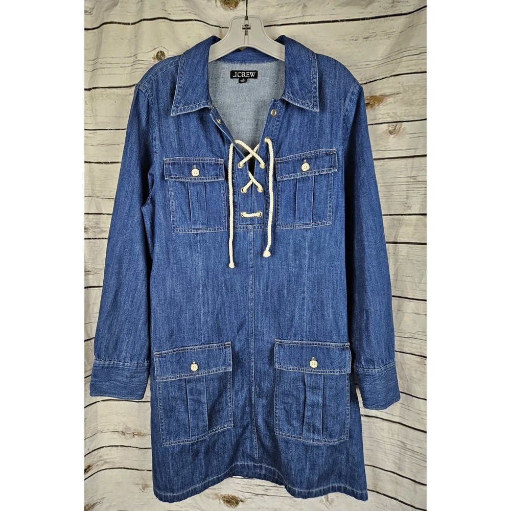 J Crew Harbour Denim Indigo Shirt Dress M Lace Up Nautical Mini Cotton